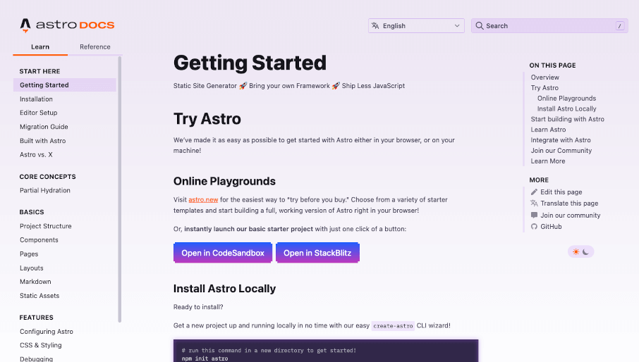 A screenshot of https://docs.astro.build/