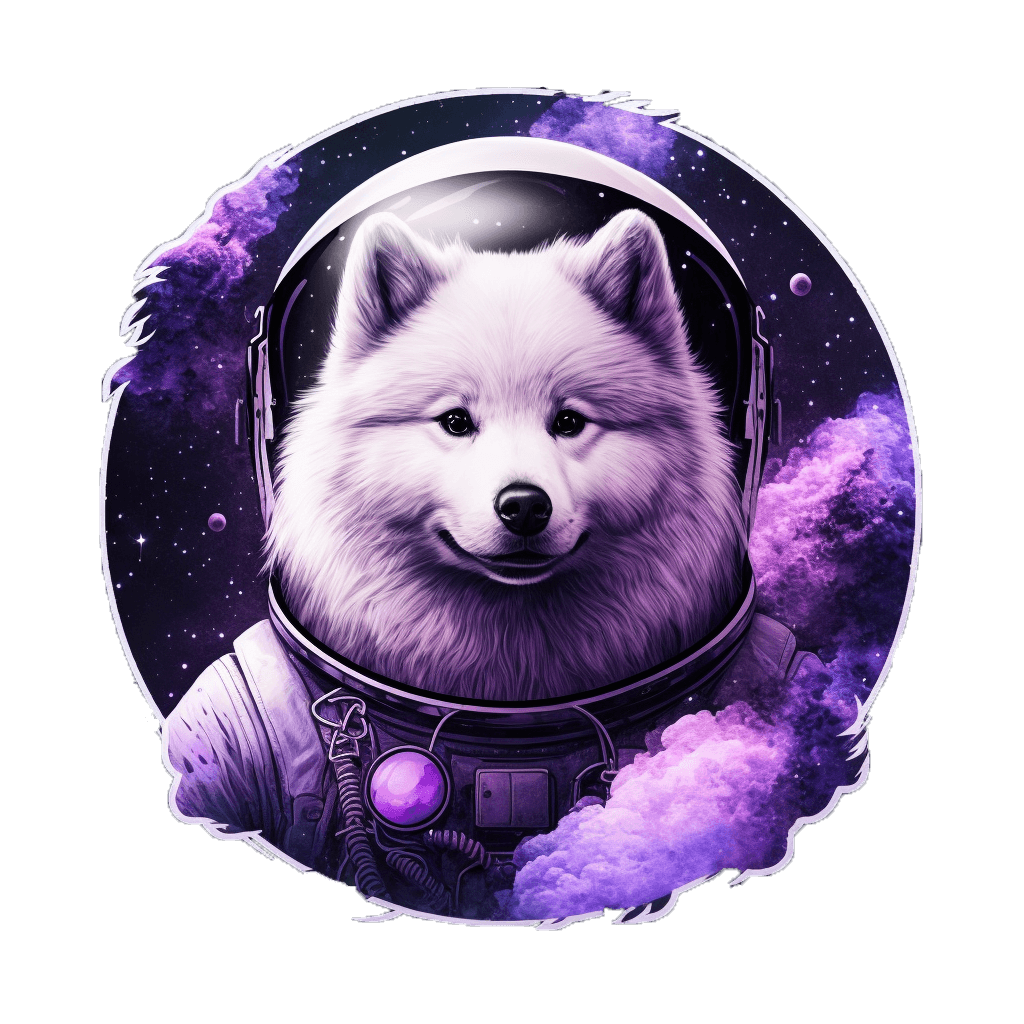 A floating astronaut dog in a space suit